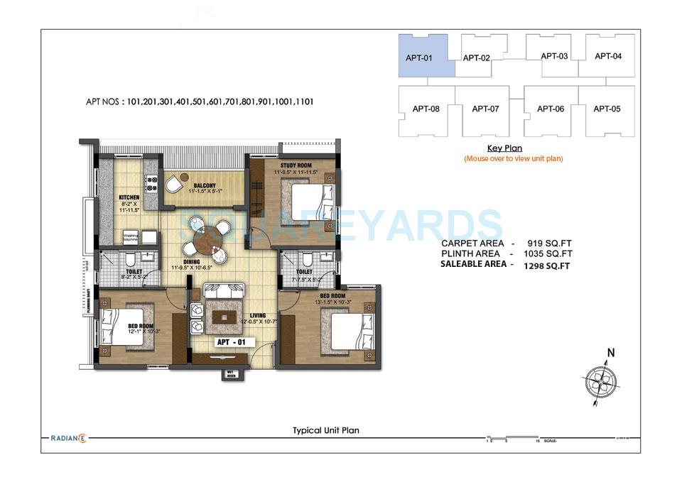 Floor plan of 2 BHK 1298 Sq. Ft. Apartment in Radiance Realty Shine, Chennai