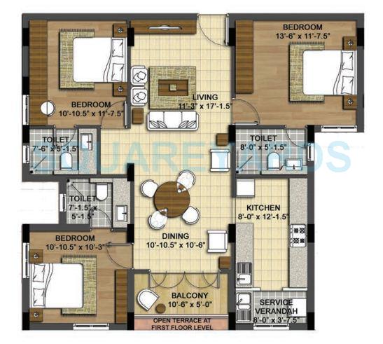 Floor plan of 3 BHK 1464 Sq. Ft. Apartment in Radiance Realty Shine, Chennai