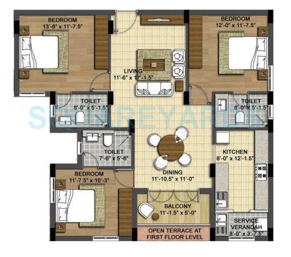 Floor plan of 3 BHK 1510 Sq. Ft. Apartment in Radiance Realty Shine, Chennai