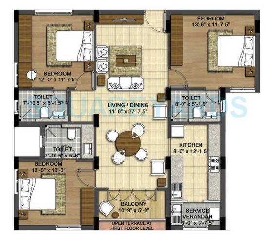 Floor plan of 3 BHK 1523 Sq. Ft. Apartment in Radiance Realty Shine, Chennai