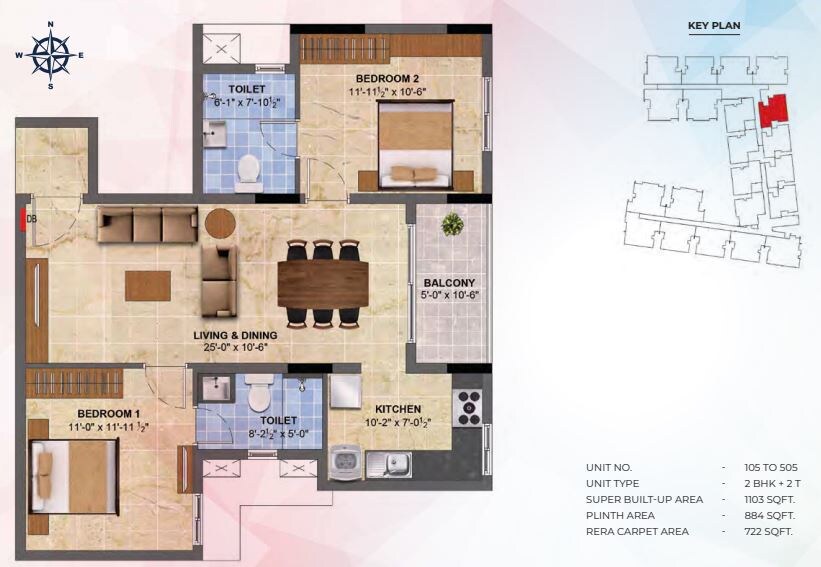 Floor plan of 2 BHK 1103 Sq. Ft. Apartment in Radiance Sapphire, Chennai