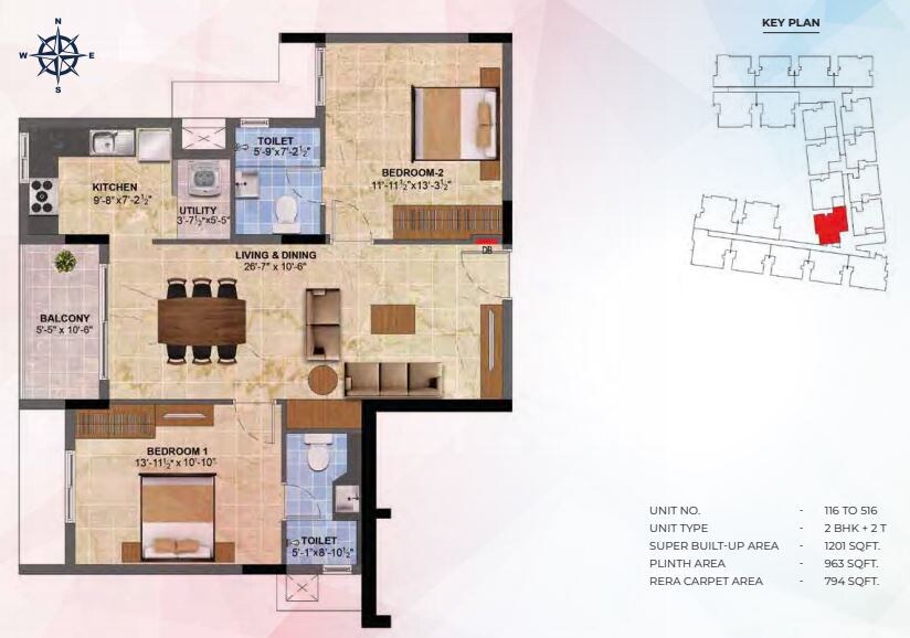 Floor plan of 2 BHK 1201 Sq. Ft. Apartment in Radiance Sapphire, Chennai