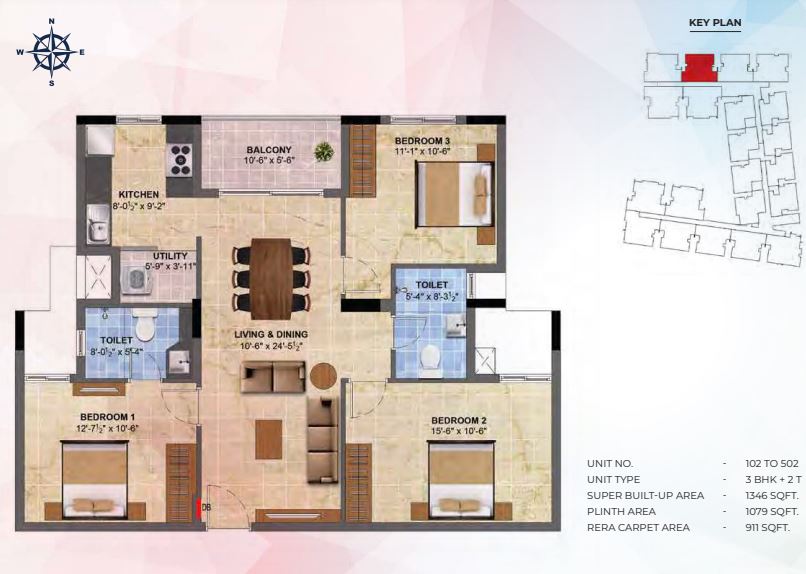 Floor plan of 3 BHK 1346 Sq. Ft. Apartment in Radiance Sapphire, Chennai