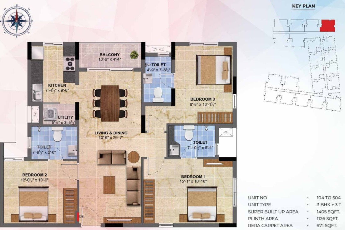 Floor plan of 3 BHK 1405 Sq. Ft. Apartment in Radiance Sapphire, Chennai