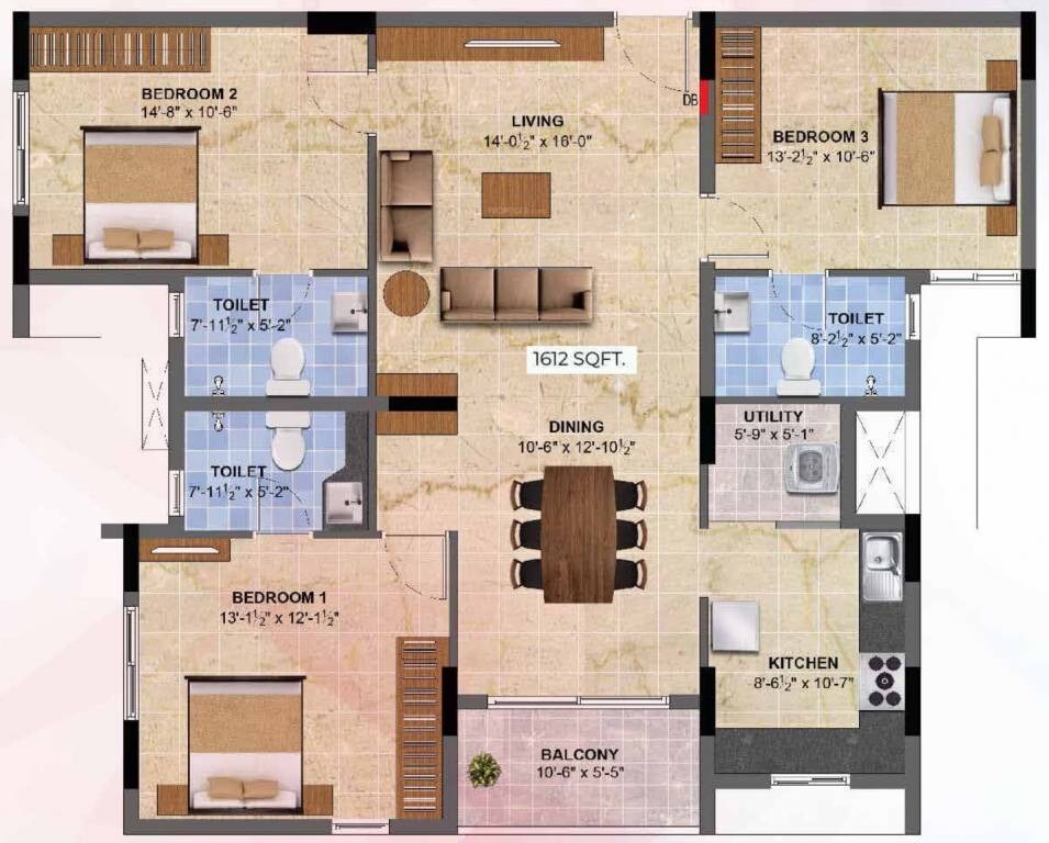 Floor plan of 3 BHK 1612 Sq. Ft. Apartment in Radiance Sapphire, Chennai