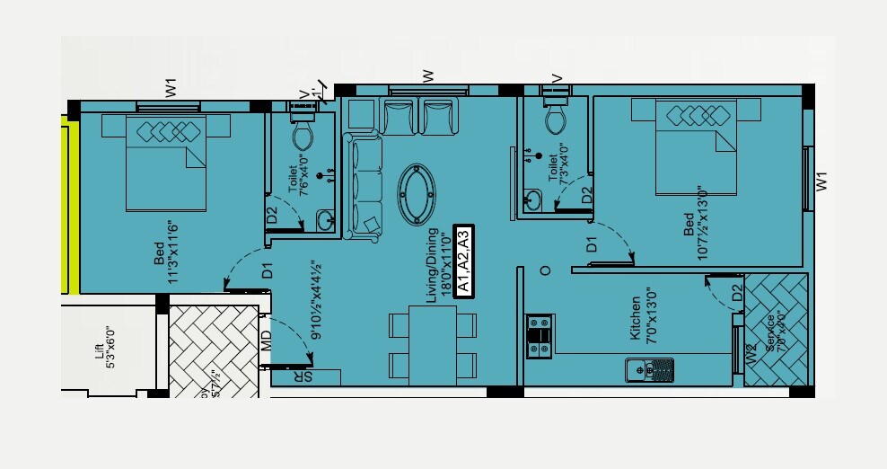 Floor plan of 2 BHK 986 Sq. Ft. Apartment in Rahul Mahavanam, Chennai