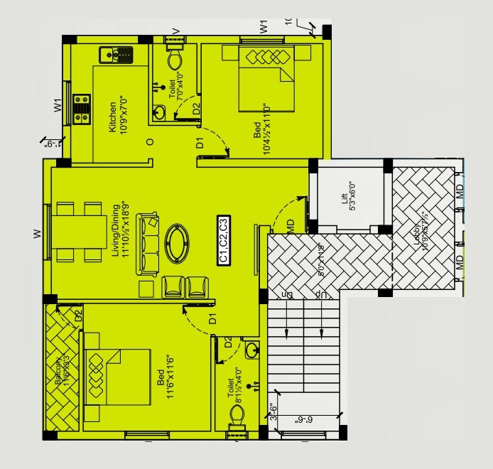 Floor plan of 2 BHK 994 Sq. Ft. Apartment in Rahul Mahavanam, Chennai