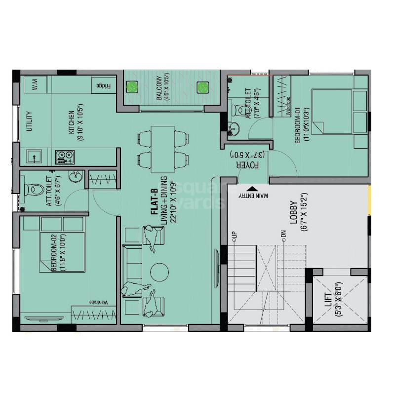 Floor plan of 2 BHK 1055 Sq. Ft. Apartment in Rahul Mayuraas Nest, Chennai