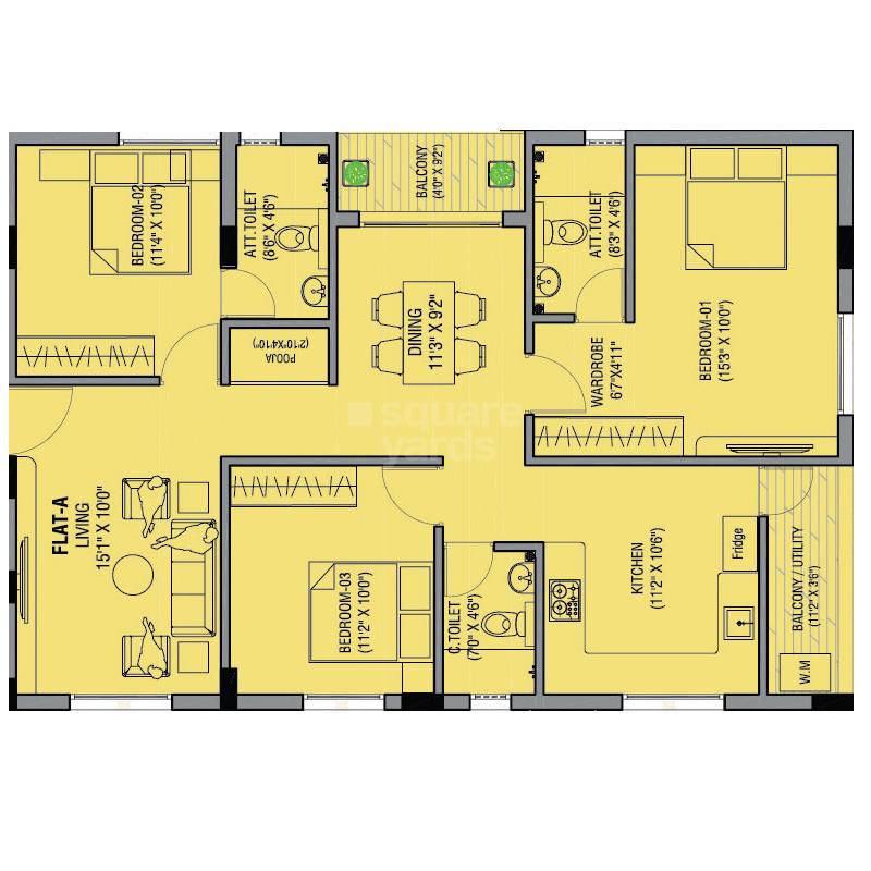 Floor plan of 3 BHK 1462 Sq. Ft. Apartment in Rahul Mayuraas Nest, Chennai