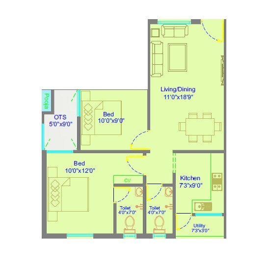 2 BHK 861 Sq. Ft. Apartment