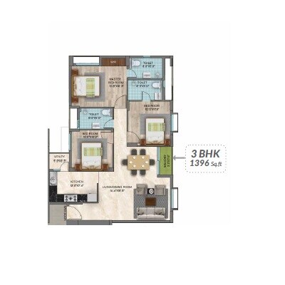 Floor plan of 3 BHK 1396 Sq. Ft. Apartment in Rainbow Chetna, Chennai