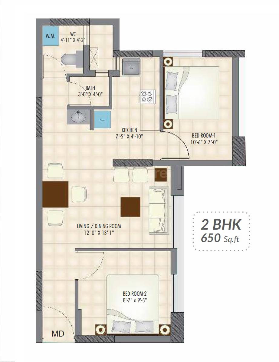 Floor plan of 2 BHK 650 Sq. Ft. Apartment in Rainbow Ekanta, Chennai