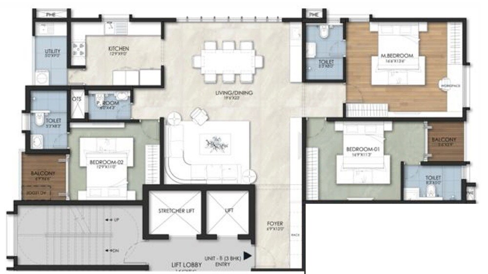 Floor plan of 3 BHK 2200 Sq. Ft. Apartment in Rainbow Prestige, Chennai