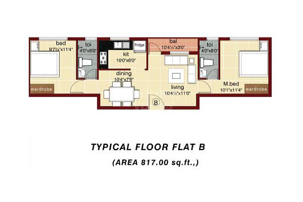 Floor plan of 2 BHK 817 Sq. Ft. Apartment in Rajkham Kadaksham, Chennai