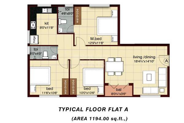 Floor plan of 3 BHK 1194 Sq. Ft. Apartment in Rajkham Kadaksham, Chennai