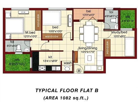 Floor plan of 2 BHK 1082 Sq. Ft. Apartment in Rajkham Salam Castle, Chennai