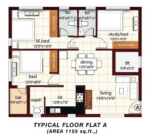 Floor plan of 2 BHK 1155 Sq. Ft. Apartment in Rajkham Salam Castle, Chennai