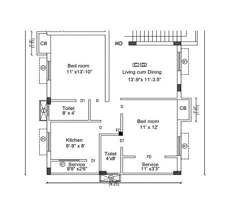 Floor plan of 2 BHK 1027 Sq. Ft. Apartment in Rajni Lakshmi Villa, Chennai