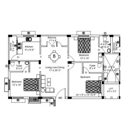 Floor plan of 3 BHK 1250 Sq. Ft. Apartment in Rajnis Sun Shine, Chennai