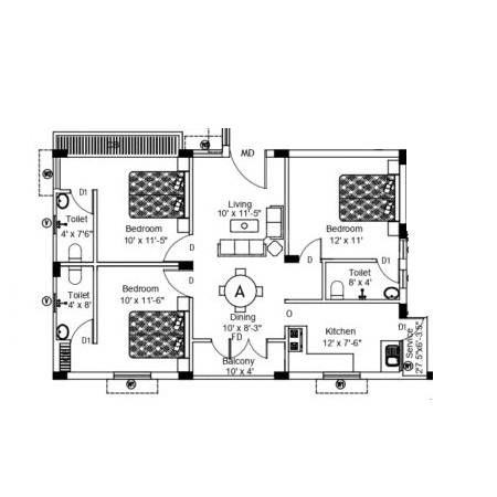 Floor plan of 3 BHK 1300 Sq. Ft. Apartment in Rajnis Sun Shine, Chennai