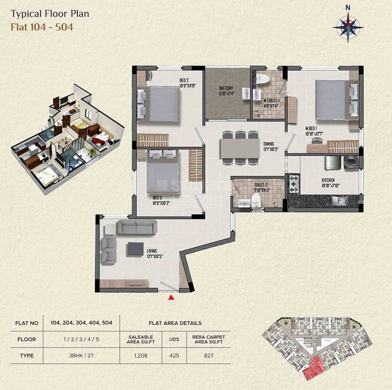 Floor plan of 3 BHK 1208 Sq. Ft. Apartment in Rajparis Diamond, Chennai