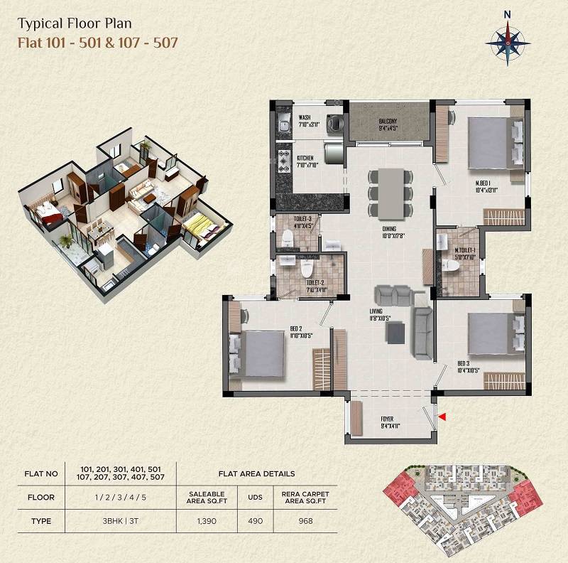 Floor plan of 3 BHK 1390 Sq. Ft. Apartment in Rajparis Diamond, Chennai