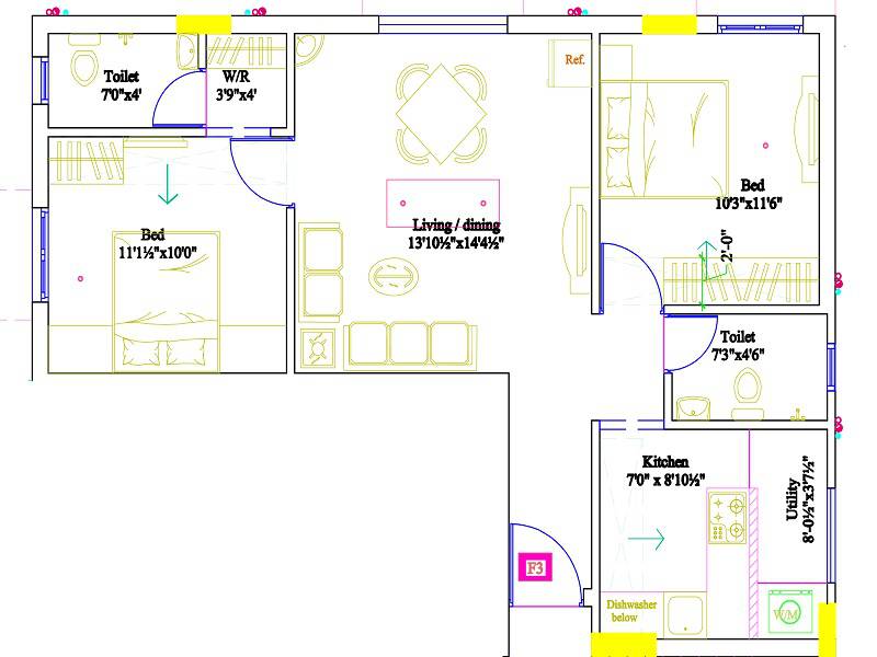 Floor plan of 2 BHK 900 Sq. Ft. Apartment in Shri Gokulam Apartments, Chennai