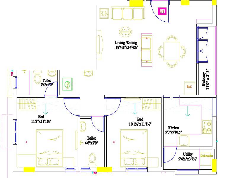Floor plan of 2 BHK 950 Sq. Ft. Apartment in Shri Gokulam Apartments, Chennai