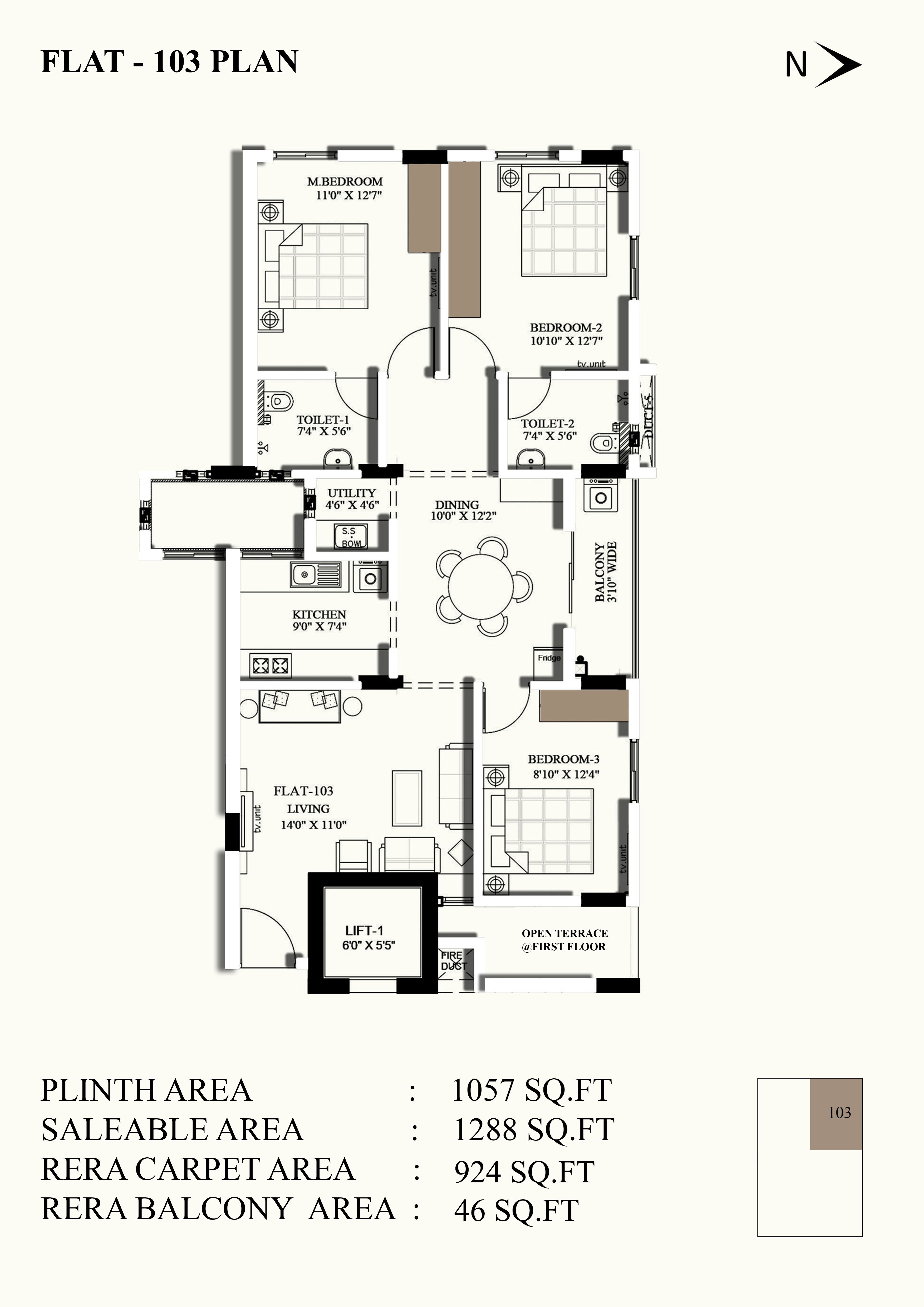 Floor plan of 3 BHK 1288 Sq. Ft. Apartment in Ramaniyam Anantiya, Chennai