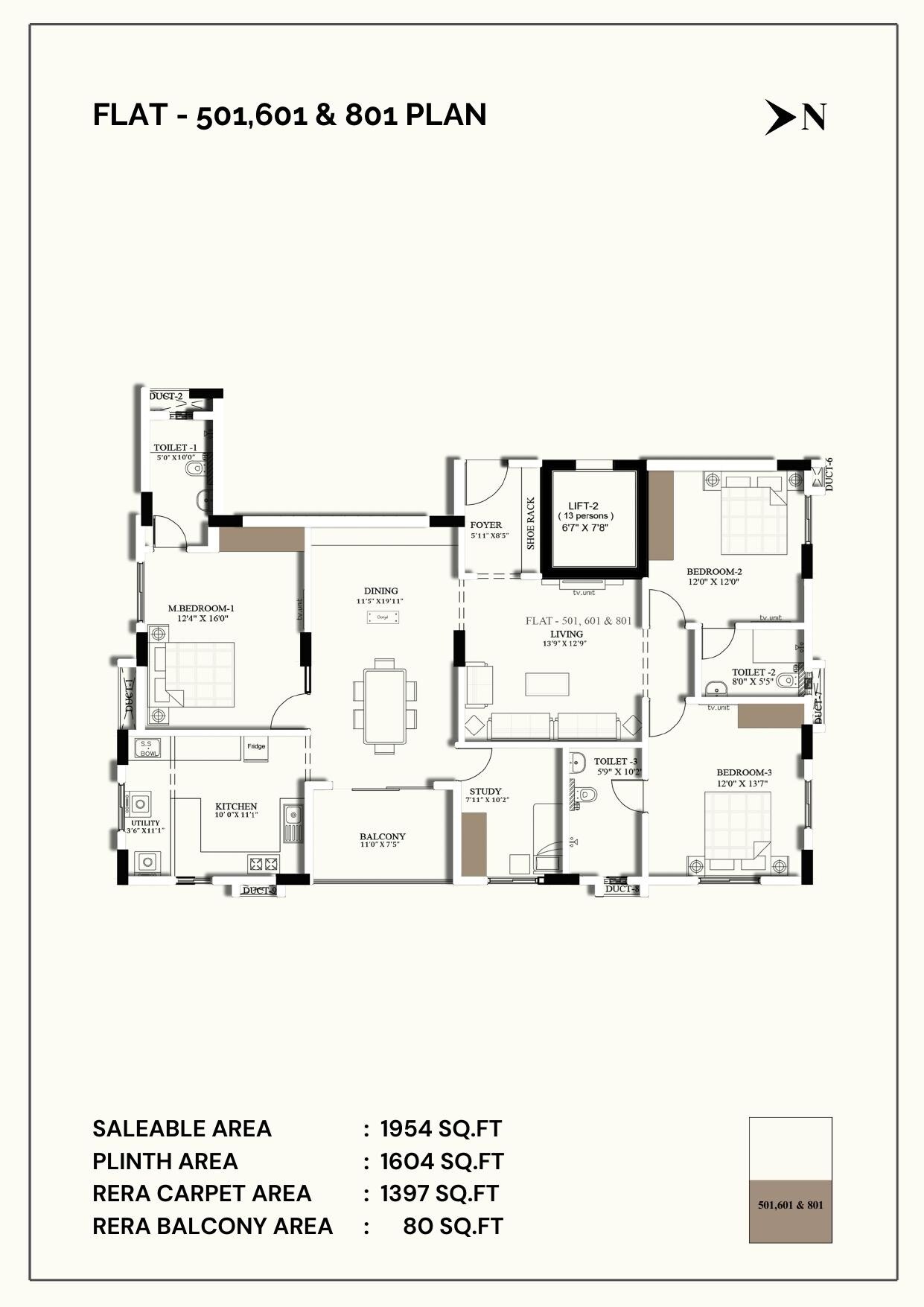 Floor plan of 3 BHK 1954 Sq. Ft. Apartment in Ramaniyam Anantiya, Chennai