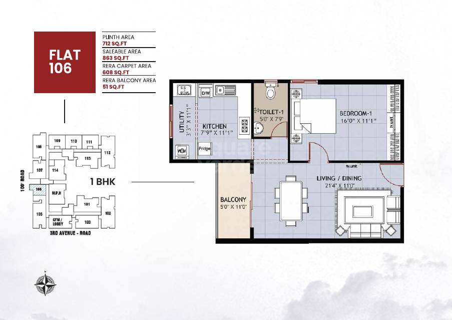 Floor plan of 1 BHK 863 Sq. Ft. Apartment in Ramaniyam Anugraha, Chennai