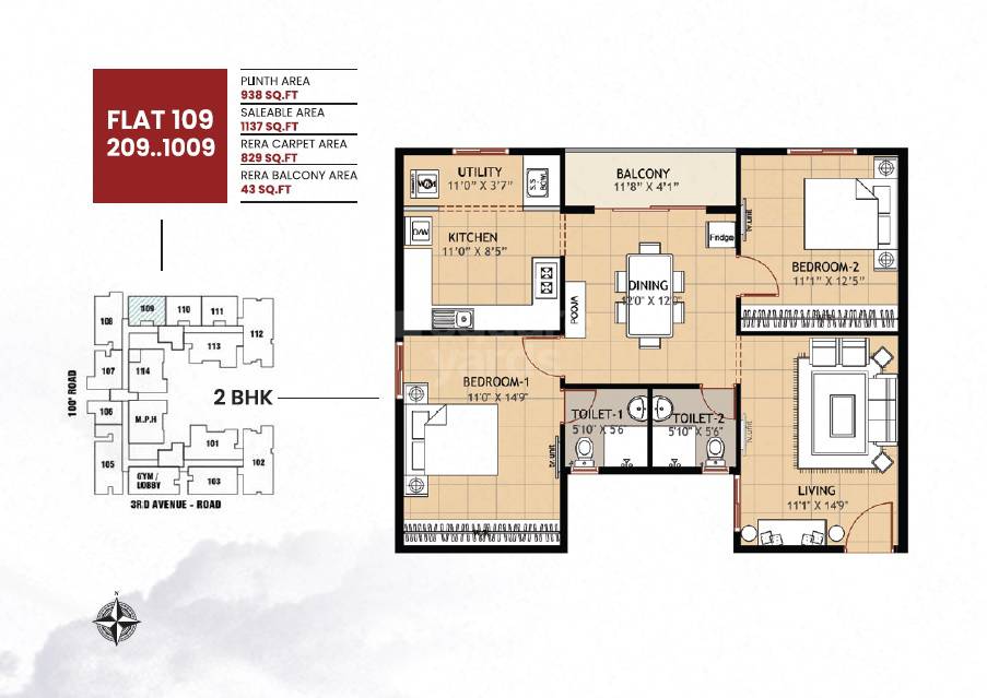 Floor plan of 2 BHK 1137 Sq. Ft. Apartment in Ramaniyam Anugraha, Chennai