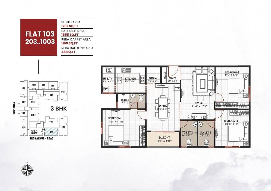 Floor plan of 3 BHK 1555 Sq. Ft. Apartment in Ramaniyam Anugraha, Chennai