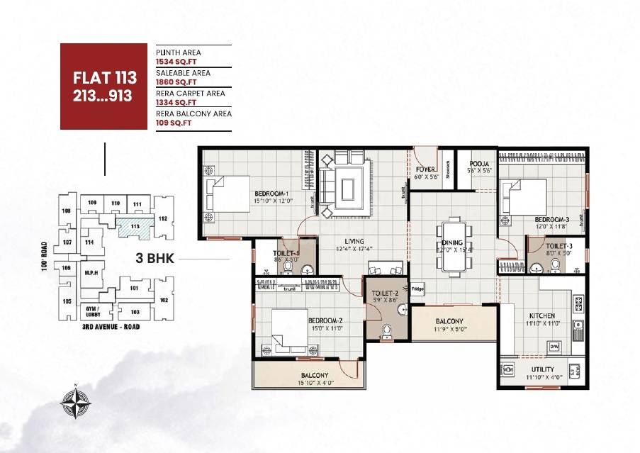 Floor plan of 3 BHK 1860 Sq. Ft. Apartment in Ramaniyam Anugraha, Chennai