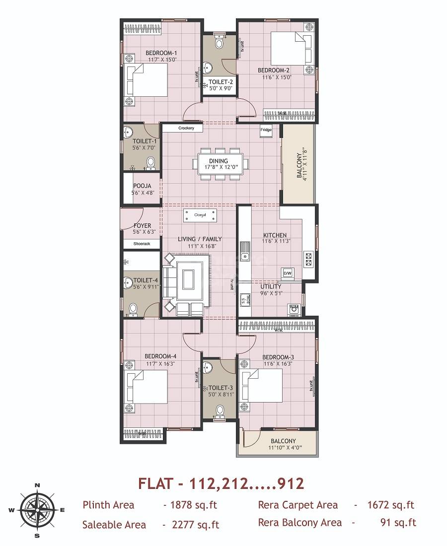 Floor plan of 4 BHK 2277 Sq. Ft. Apartment in Ramaniyam Anugraha, Chennai