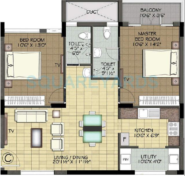 Floor plan of 2 BHK 1287 Sq. Ft. Apartment in Ramaniyam Auroville, Chennai