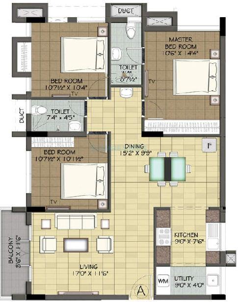 Floor plan of 3 BHK 1438 Sq. Ft. Apartment in Ramaniyam Auroville, Chennai