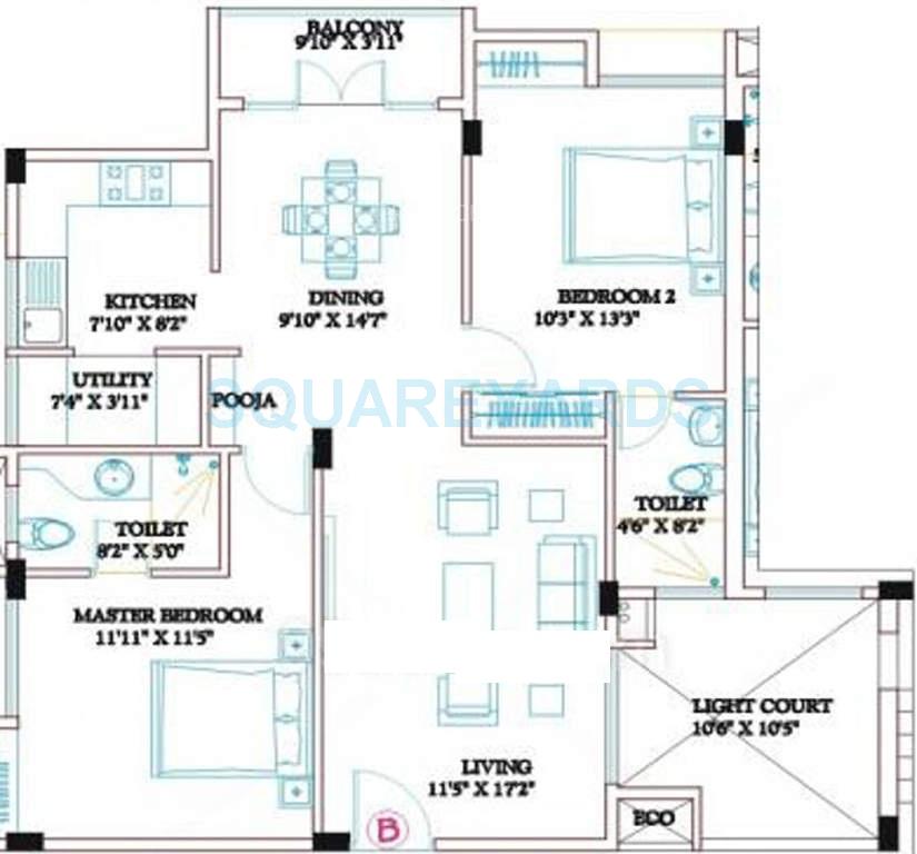 Floor plan of 2 BHK 1129 Sq. Ft. Apartment in Ramaniyam Clasic Rudhra, Chennai