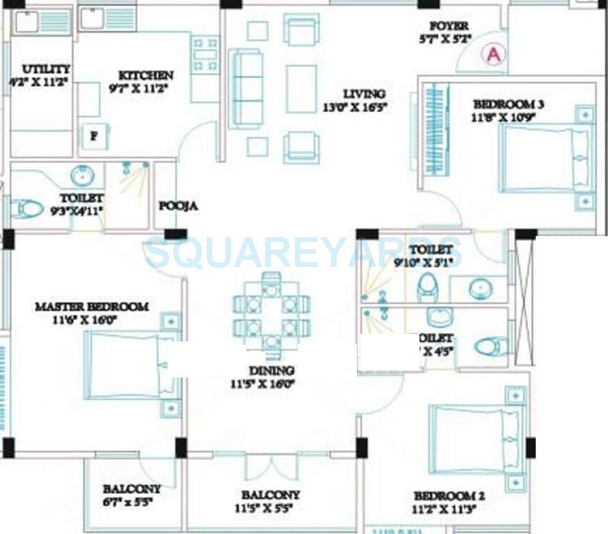 Floor plan of 3 BHK 1674 Sq. Ft. Apartment in Ramaniyam Clasic Rudhra, Chennai