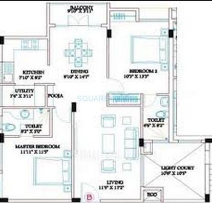 Floor plan of 2 BHK 1129 Sq. Ft. Apartment in Ramaniyam Classic Rudra, Chennai