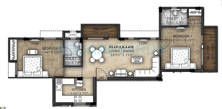 Floor plan of 2 BHK 1170 Sq. Ft. Apartment in Ramaniyam D 105, Chennai