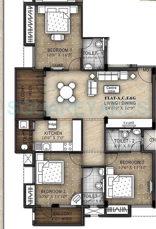 Floor plan of 3 BHK 1516 Sq. Ft. Apartment in Ramaniyam D 105, Chennai