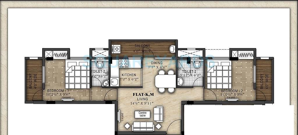 Floor plan of 2 BHK 1217 Sq. Ft. Apartment in Ramaniyam D 106, Chennai