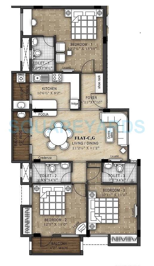 Floor plan of 3 BHK 1490 Sq. Ft. Apartment in Ramaniyam D 106, Chennai