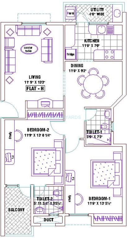 Floor plan of 2 BHK 1232 Sq. Ft. Apartment in Ramaniyam Ganga, Chennai