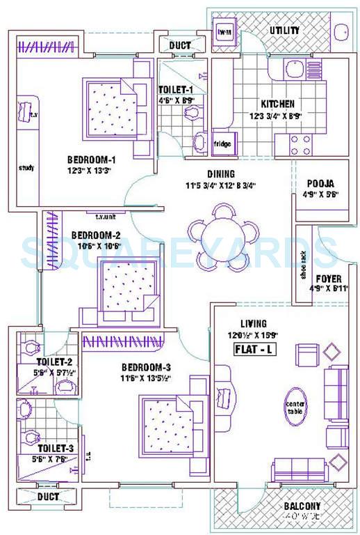 Floor plan of 2 BHK 1556 Sq. Ft. Apartment in Ramaniyam Ganga, Chennai