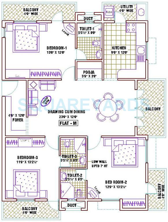 Floor plan of 3 BHK 1795 Sq. Ft. Apartment in Ramaniyam Ganga, Chennai