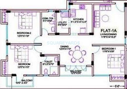 Floor plan of 3 BHK 1573 Sq. Ft. Apartment in Ramaniyam Gatsby, Chennai