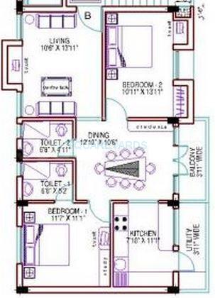 Floor plan of 2 BHK 1100 Sq. Ft. Apartment in Ramaniyam Gauravv, Chennai