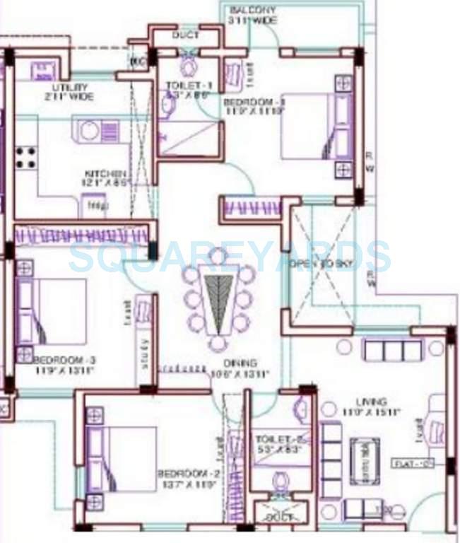 Floor plan of 3 BHK 1700 Sq. Ft. Apartment in Ramaniyam Gauravv, Chennai